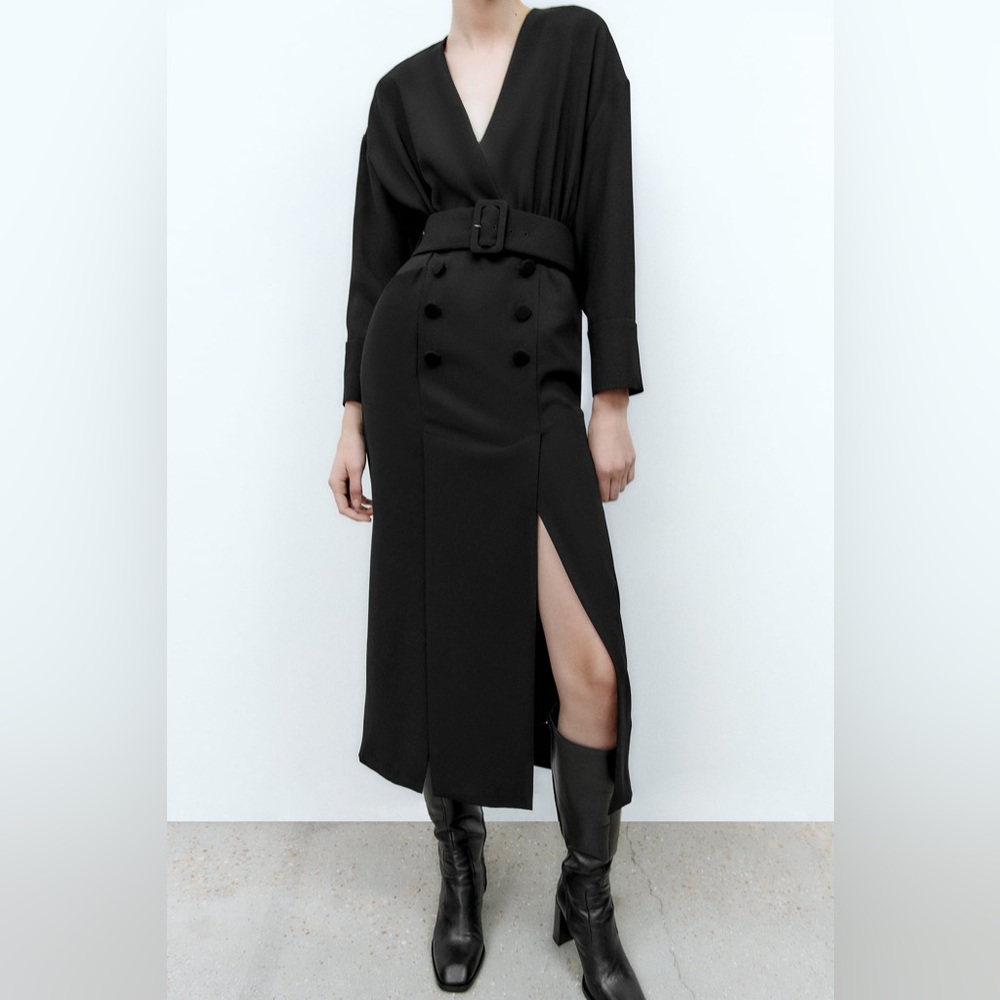 🩵 ZARA Black Button Front Belted Midi Dress